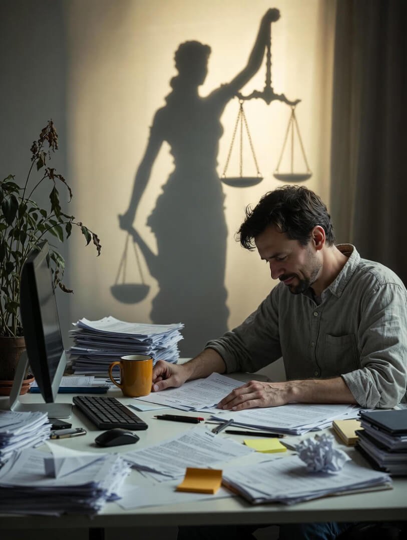 a cluttered desk buried in legal documents and employee handbooks, a half-empty coffee mug spilling slightly,