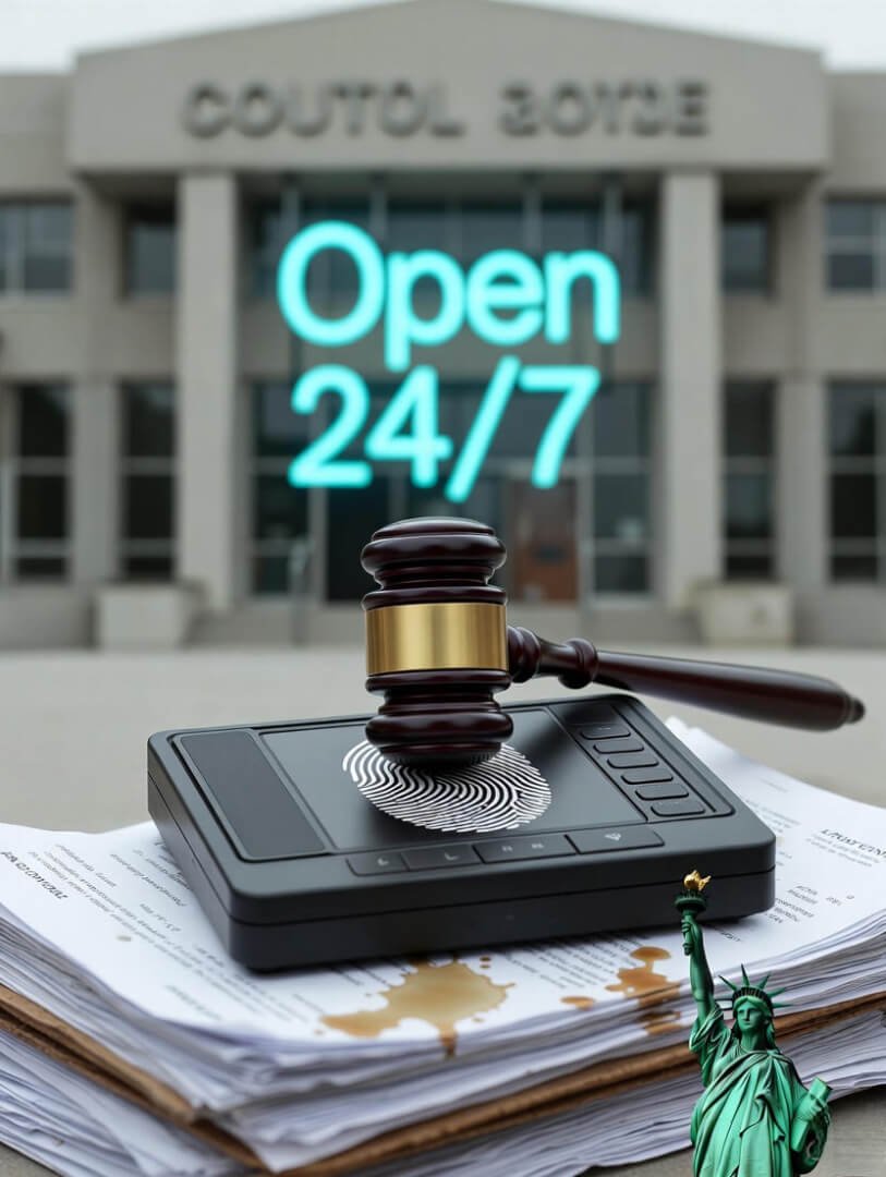a massive courthouse facade with towering columns and an oversized American flag waving dramatically,