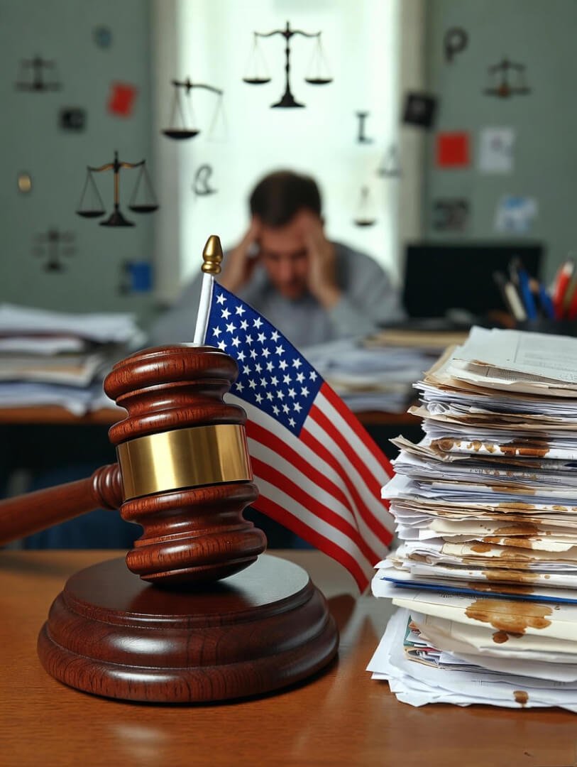 a wooden gavel wrapped loosely with a tiny American flag like it’s trying to escape, a towering stack of legal contracts with obvious coffee rings