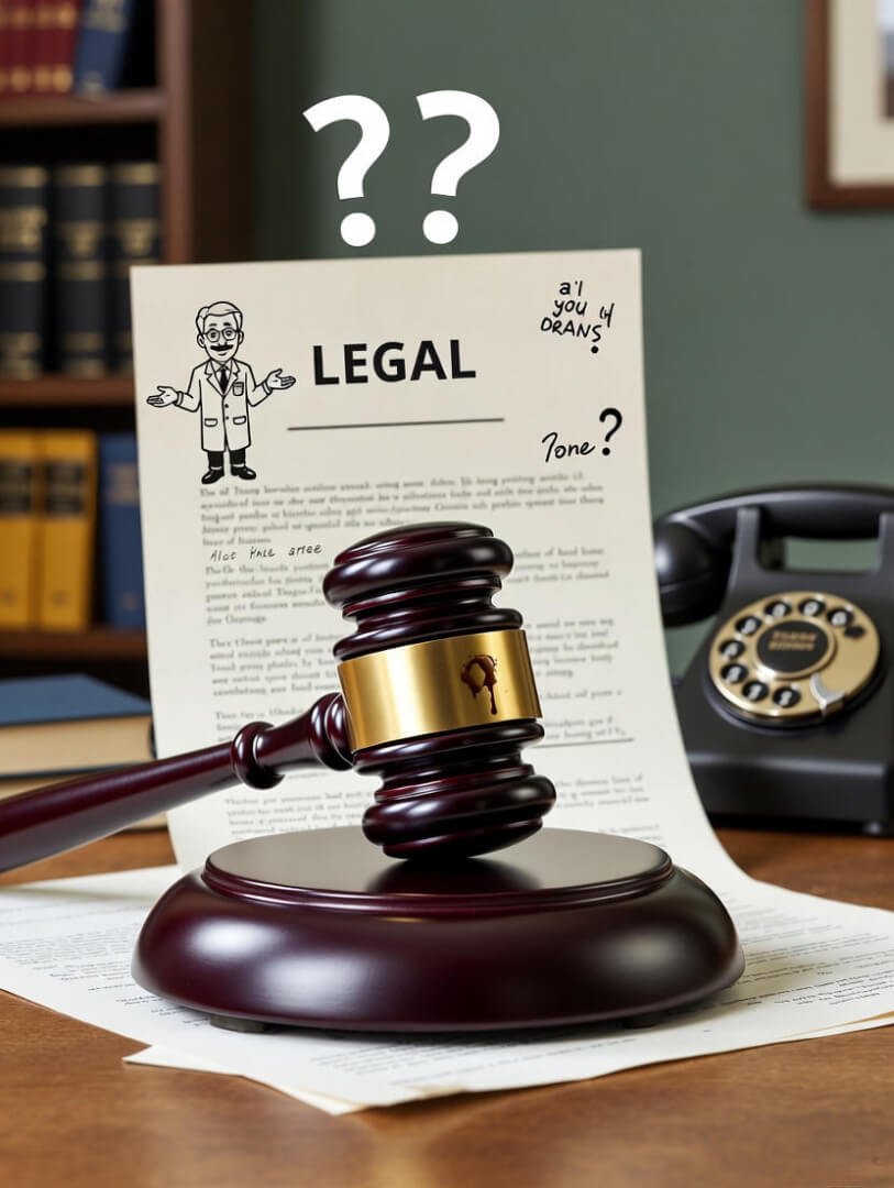 a wooden gavel resting on scattered legal papers with handwritten question marks, an open thick law book with highlighted sections,