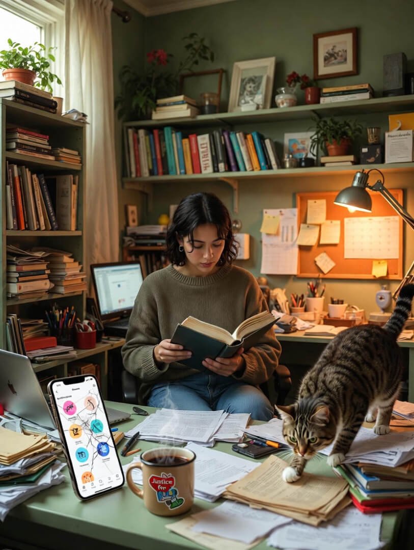 a young adult absorbed in a thick law book at a cluttered wooden desk, scattered legal printouts being playfully disrupted by a curious cat,