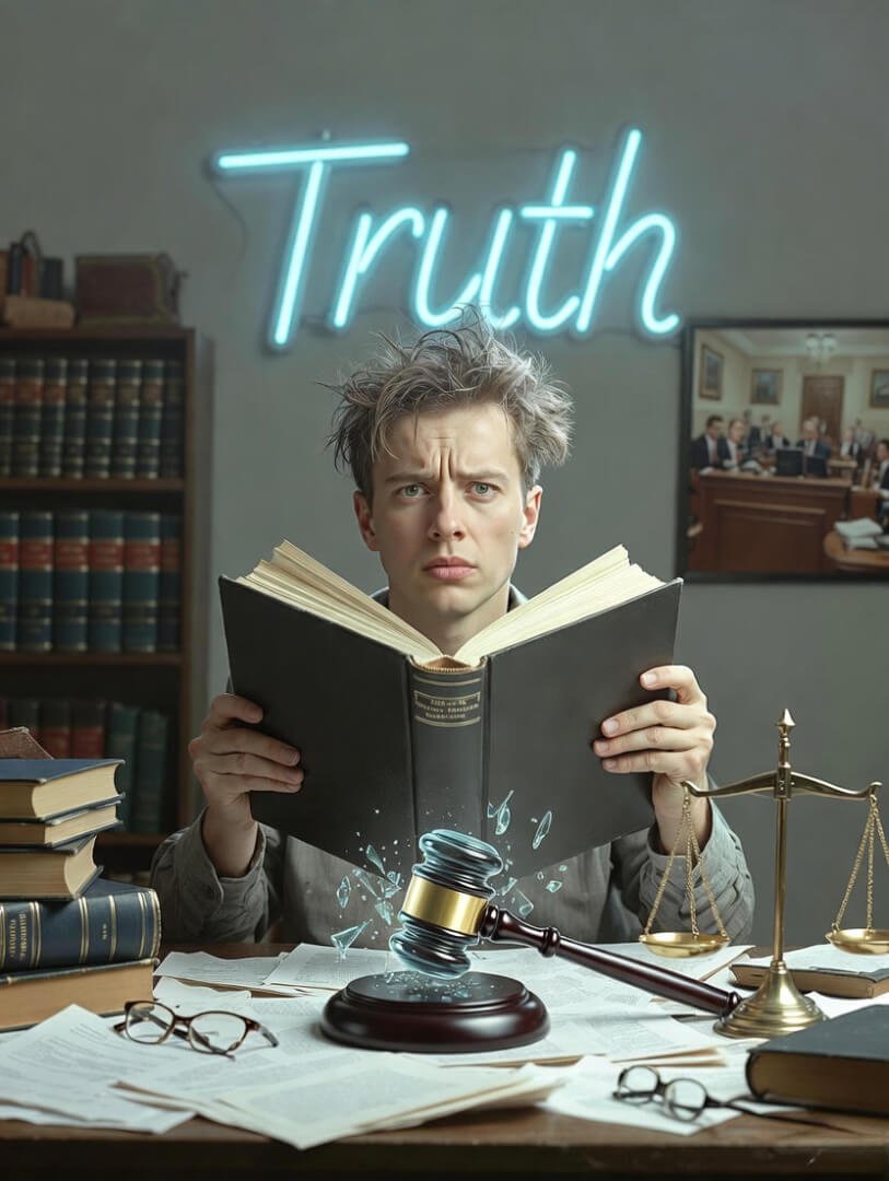 a frustrated person buried under a pile of legal documents with a gavel nearby, an open law book looking overwhelming,