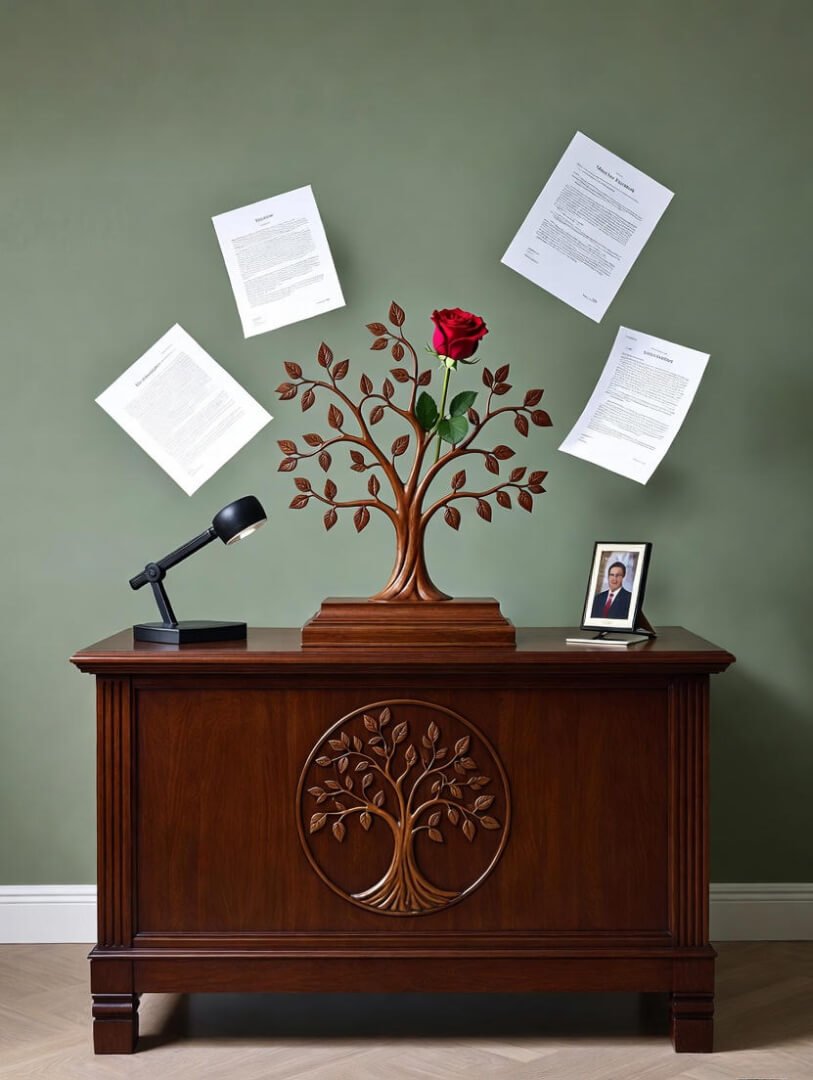 a carved wooden family tree on an antique desk, floating legal contracts in the air, and a single wilting red rose tucked into the branches.