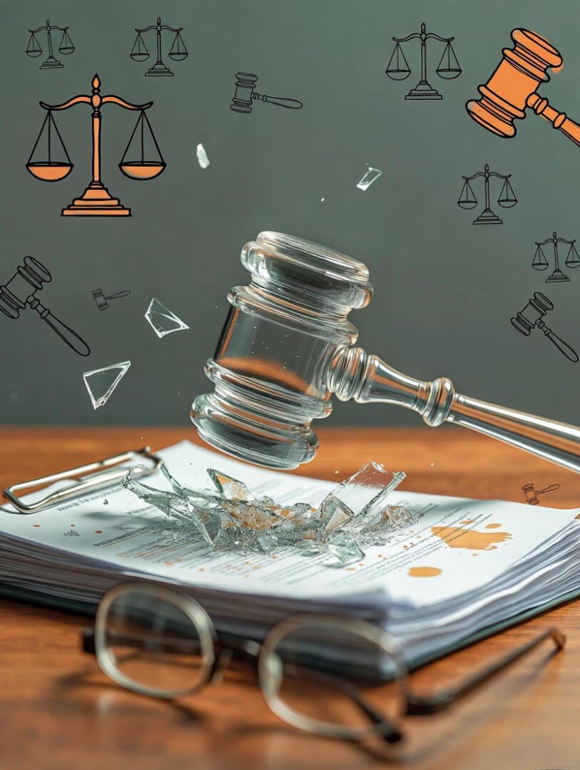 a transparent glass gavel mid-shatter on a cluttered desk covered in legal papers, a tipped-over coffee mug spilling onto contracts,