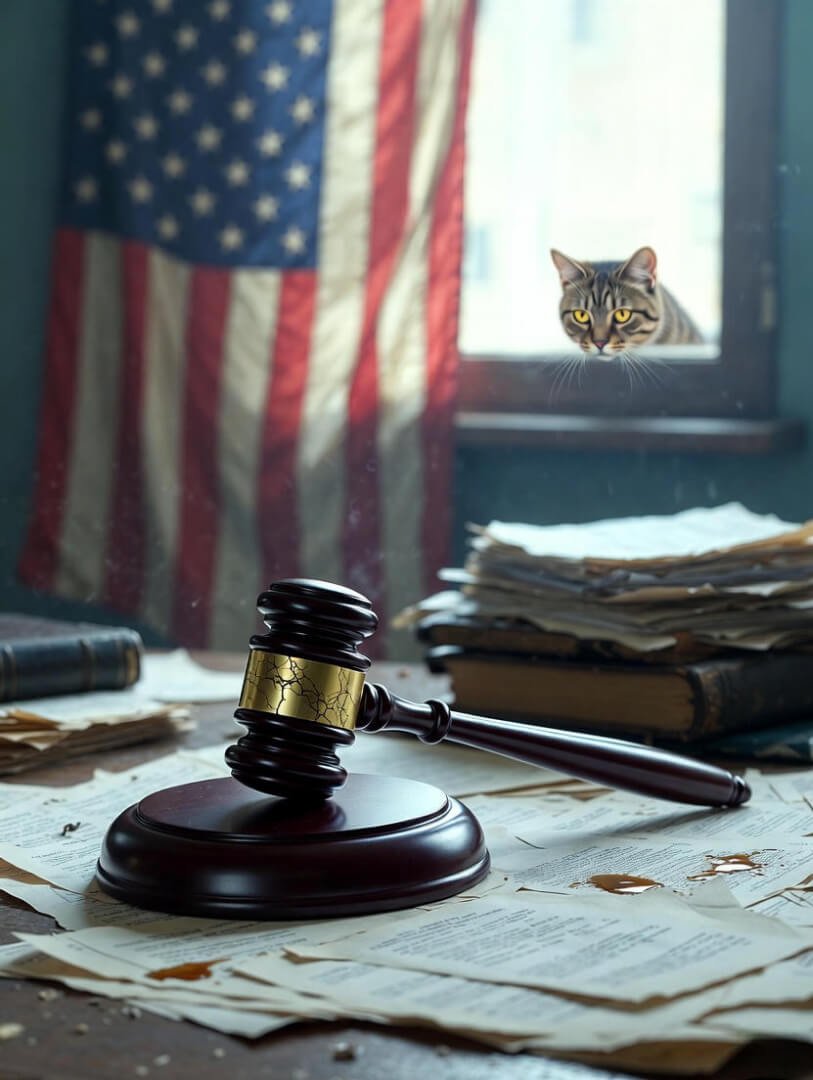 a cracked gavel on a cluttered desk with scattered legal papers, a faded American flag draped in the background, and a laptop open to a lawyer search site.
