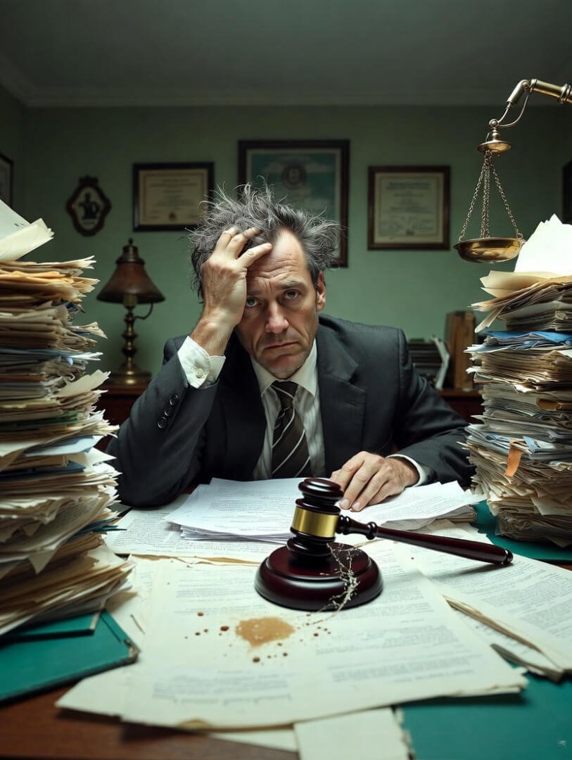 a cracked gavel on a cluttered desk, towering stacks of legal papers with visible coffee stains, and a middle-aged person in rumpled business attire gripping their head in frustration.