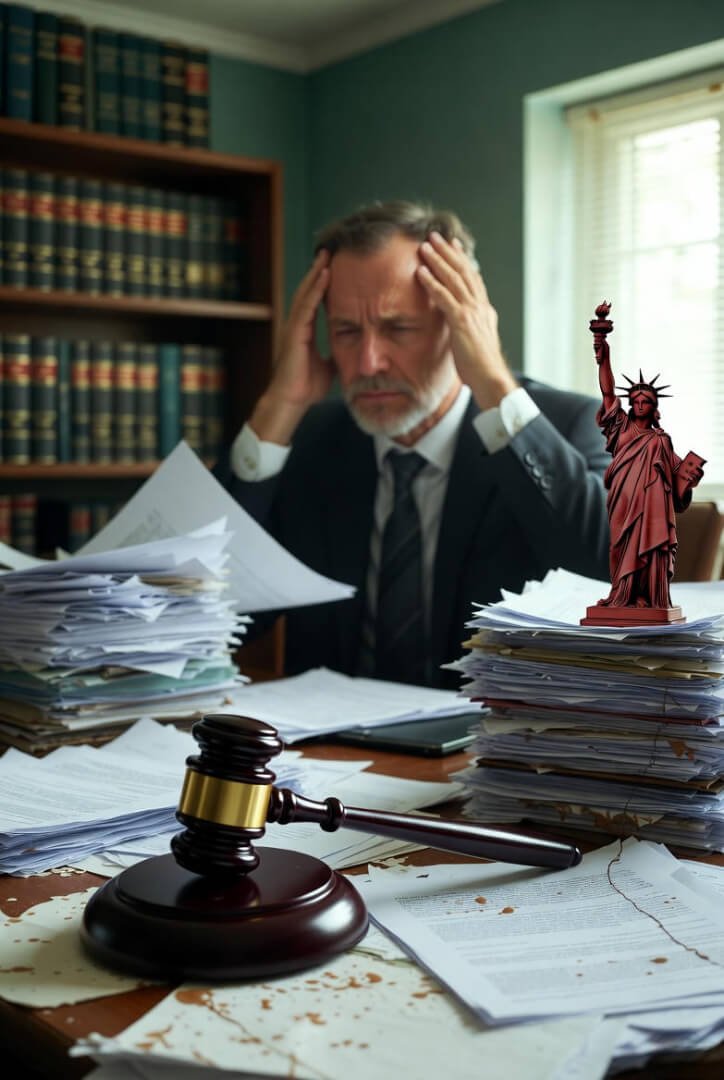 a gavel partially assembled from colorful puzzle pieces, a vintage compass rose overlaid on a faint courthouse silhouette,