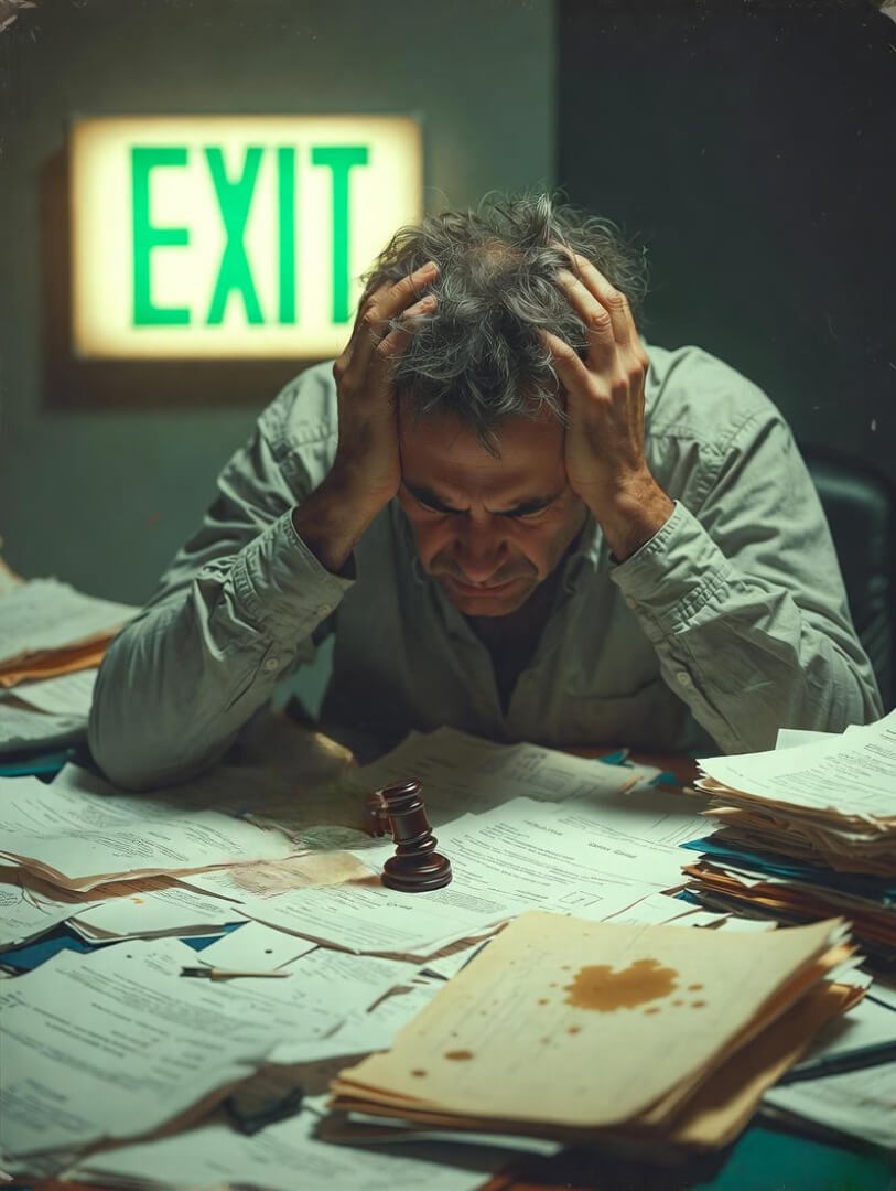 a cluttered desk transitioning to an organized one with legal folders neatly stacked, a steaming mug of coffee beside a calm notebook,