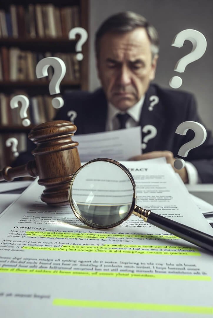 a close-up of a contract page with neon-yellow highlighted ambiguous definitions, a magnifying glass enlarging one tricky clause,
