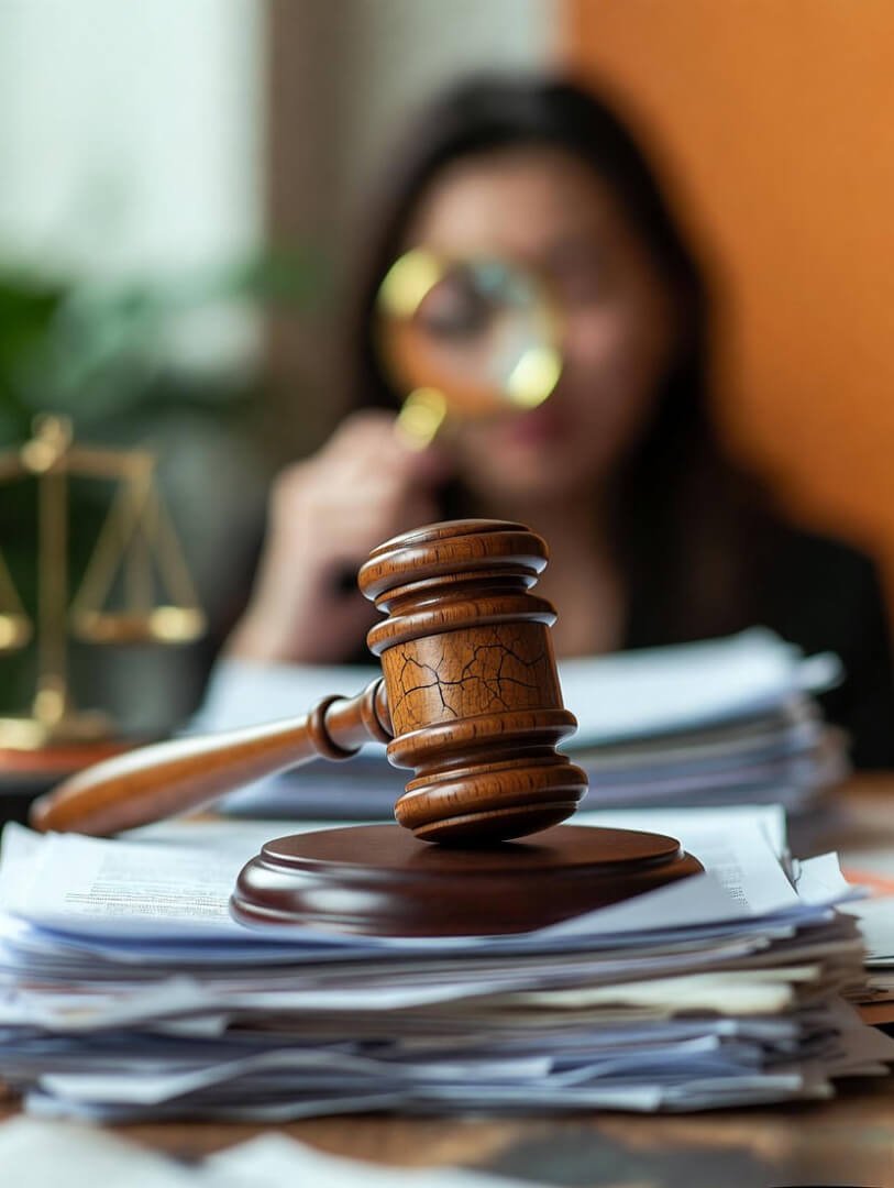 a cracked wooden gavel resting on scattered legal papers, a magnifying glass hovering over fine print,