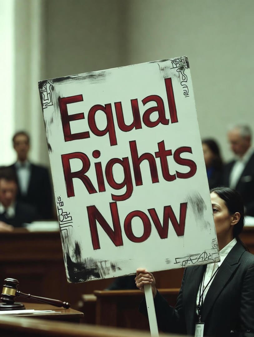 a woman in a courtroom holding a protest sign saying 