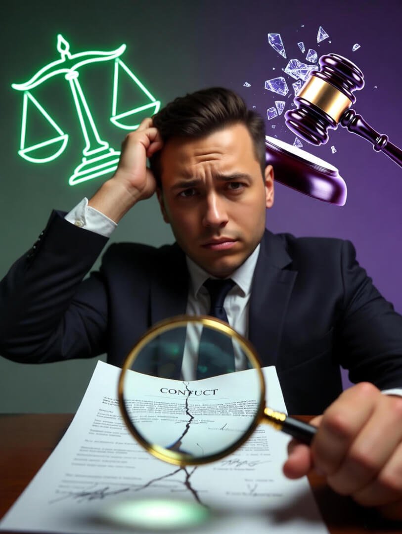 a thick stack of legal papers with fine print overwhelming a regular person, a red highlighter marking hidden clauses, and a coffee mug spilled slightly in frustration.